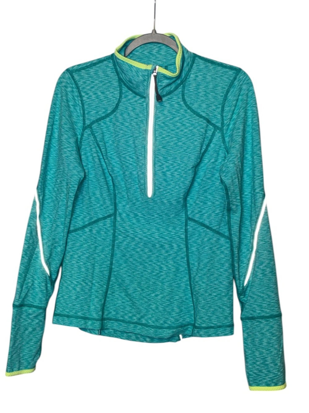 Zella Green White 1/2 zip Long Sleeve Top Performance Reflective Yellow Trim